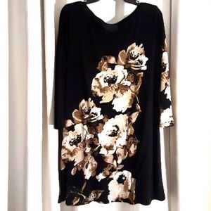 Style and co. Sheath dress black,with brown & cream flowers stretchy sz XL